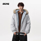 OEMG fur collar hooded plaid design cotton jacket for men winter college style thickened warm and cold-proof loose top jacket gray high quality XL recommended 110-130Jin Jin equals 0.5 kg