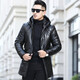 YISHION Winter New Haining Leather Clothes Men's Mid-Length Korean Style Slim Youth Hooded Leather Windbreaker Casual Jacket Black M