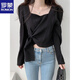 ROMON Hong Kong Style Slim Square Collar Shirt Women's Design Irregular Lace Top Long Sleeve Fashion Short Chic Shirt Black S