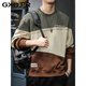 GXG.PR Diseño de costura con sentido, color contrastante, sudadera para hombre, otoño e invierno, cuello redondo suelto, camisa de manga larga, marca de moda estadounidense, top atractivo, gris, verde, M, peso adecuado 100-120 Jin Jin equivale a 0,5 kg
