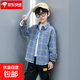 Children's clothing boys' long-sleeved shirt spring and autumn new pure cotton checkered shirt medium and large children's striped plaid shirt handsome and trendy blue 130 (recommended height is about 125)