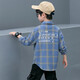 Children's clothing boys' long-sleeved shirt spring and autumn new pure cotton checkered shirt medium and large children's striped plaid shirt handsome and trendy blue 130 (recommended height is about 125)
