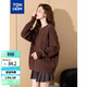 TonLion 2024 Women's Round Neck Solid Color Cable Sweater Dark Brown M