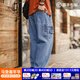 Madden Workwear American Washed Jeans Denim Loose Straight Japanese Style Pocket Drape Casual Long Pants Men's Spring Washed Blue Men's Jeans/American High Street Wide Leg Pants Men's Style/Machete Pants Men 33