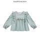 Happyology British children's girls' children's clothing ruffled shirt cotton contrast embroidered big children's top bean pink green 92 (92cm)