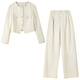 Shandubila's new high-end, fashionable and elegant round-neck top, slim pleated wide-leg pants suit, apricot M