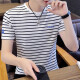 Raccoon brand short-sleeved T-shirt men's new round neck striped cotton T-shirt summer student slim half-sleeved bottoming shirt casual breathable tops men's fashion versatile undershirt POLO black L