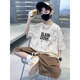 
Boys Summer Set 2024 New Children's Summer Fashion Fashion Handsome Fashion Boy Short Sleeve Sports Summer Clothes NN-A1085 [Beige White] Set 160cm