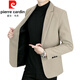Pierre Cardin 2025 casual suit men's Korean version slim fit plus velvet thickened woolen small suit jacket autumn and winter single Western trendy knitted plus velvet khaki color 3XL