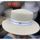 NY-NYM webbing M label straw hat for women summer British retro flat top fresh top hat sun protection beach hat white M (56-58cm)