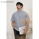 ZINGCHEN Summer atmosphere wear ZINGCHEN men's Henry collar silhouette button-down shirt stand collar casual shirt Navy stripe M