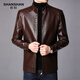 SHANSHAN Shanshan PU leather jacket men's autumn and winter new stand-up collar anti-wrinkle wear-resistant men's leather jacket business casual jacket for young and middle-aged people brown 3XL /190