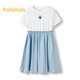 Balabala girls summer dress children's dress big children's fake two-piece sweet printed style skirt denim light blue 88101 130
