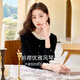 Xiangying velvet top women's autumn and winter 2025 new long-sleeved round neck black shirt high-end Hepburn style French shirt black M