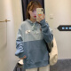 Langyue Women's Autumn T-shirt Hooded College Style Sweater Women's Korean Style Loose Student Color Block Long Sleeve Top LWWY201144 Blue M