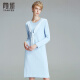 Yanyu brand women's new European and American fashion ribbon age-reducing knitted round neck long-sleeved dress 60W7926 light blue L/40