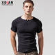 Continue short-sleeved t-shirt men's tight henley collar pure cotton open collar black t-shirt men's slim sports tops bottoming shirt black M