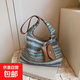 Large-capacity woven rainbow straw bag 2025 new fashion shoulder commuter bag lazy style versatile tote bag blue