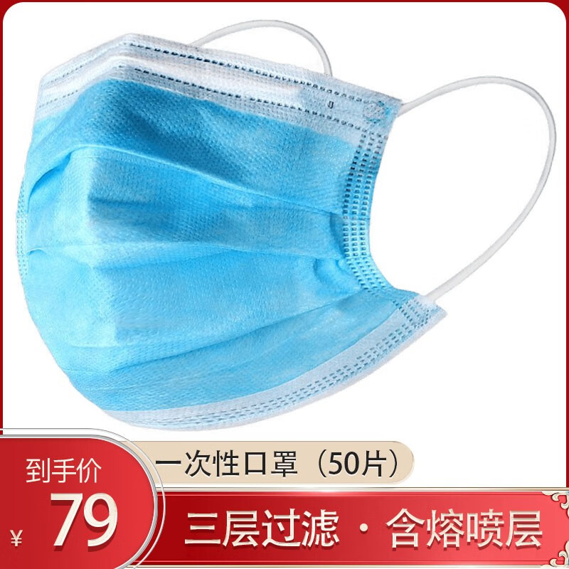 杨四郎蓝色三层一次性口罩 含熔喷布民用防护三层一次性口罩防飞沫灰尘雾霾 2包（50片）