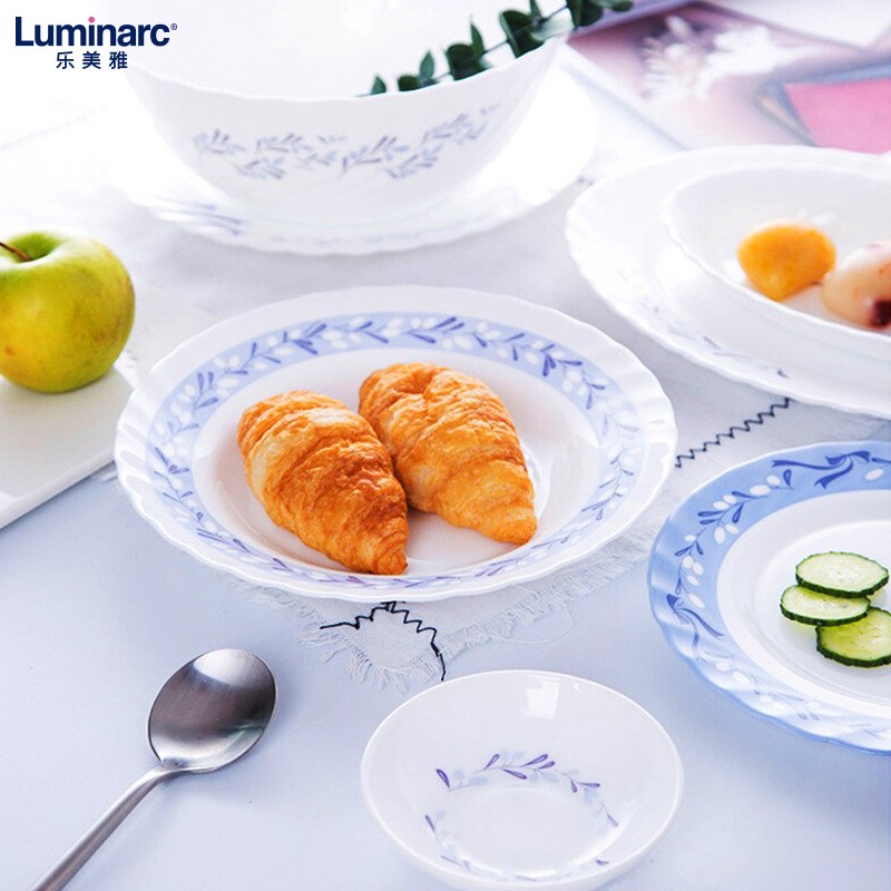 乐美雅 Luminarc 玻璃碗 饭碗 白玉玻璃耐热防爆餐具 微波炉可用碗盘子 塞纳蓝微风13头