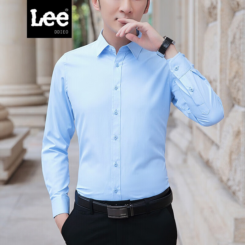 LEE DDIEO衬衫男长袖商务休闲百搭白衬衣韩版修身青年纯色寸衫 浅蓝色 L