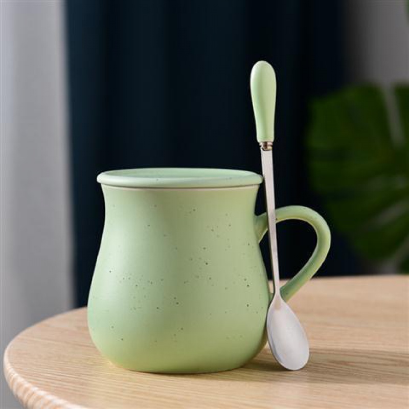 陶瓷杯子马克杯咖啡杯创意情侣水杯带盖勺茶杯牛奶杯学生可定制 牛奶杯 满天星绿色  瓷盖 专属勺