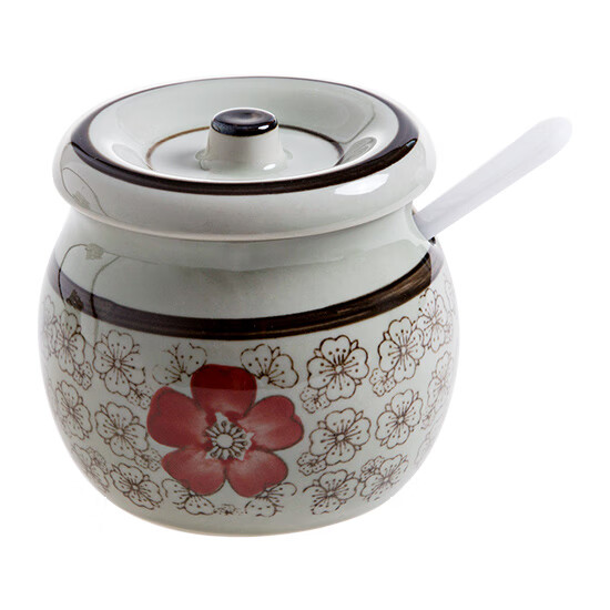 釉下彩陶瓷日式调料罐厨房带勺调料瓶带盖盐罐调味盒调味罐 红色花