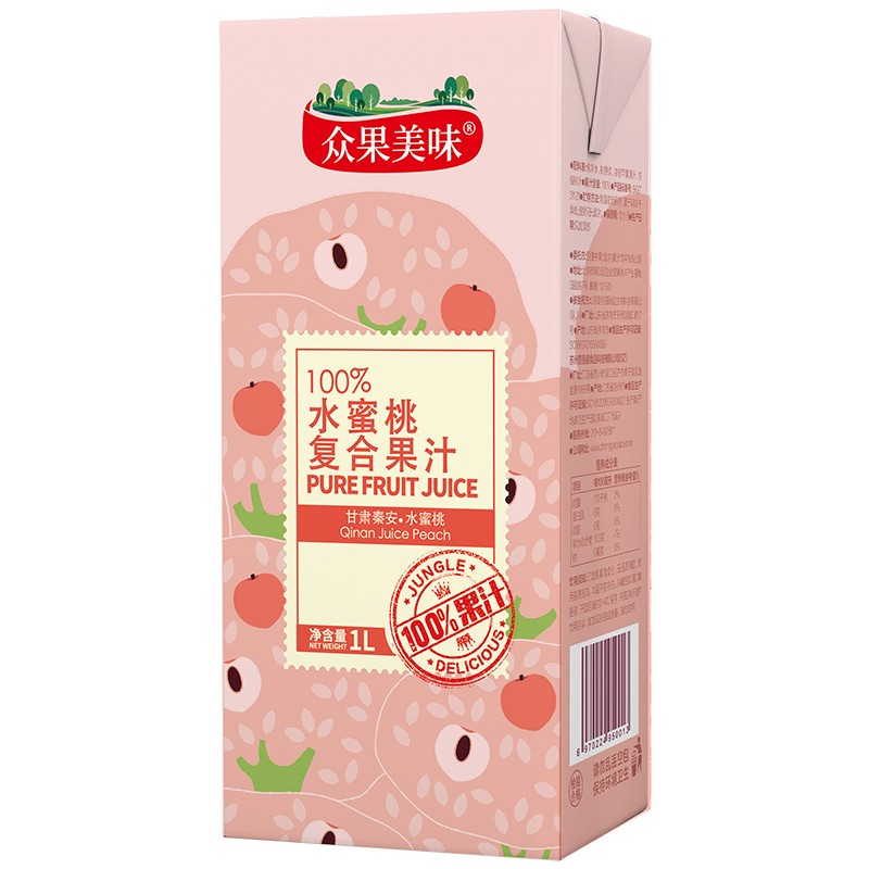 众果美味 100%果汁饮料 鲜果榨汁原浆 浓缩无添加UHT高温灭菌 久保水蜜桃1L单盒