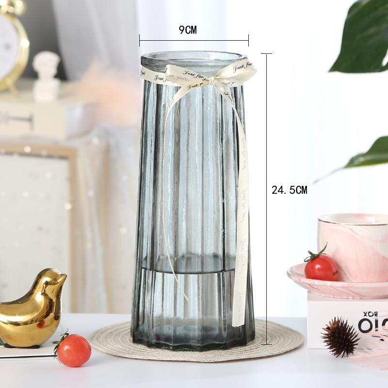 特大号欧式玻璃花瓶透明水养富贵竹百合干花花瓶花器客厅插花摆件 (十二棱)烟灰色 大