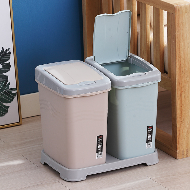 【两个套装】家用厨房垃圾桶分类垃圾桶客厅室内创意北欧日式干湿分类塑料桶 小号浅卡其色+小号蓝色两个装(赠压盖分类底盘)