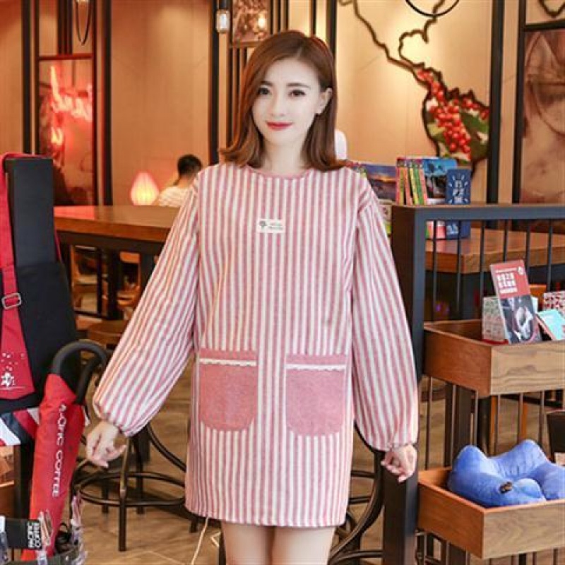 韩版时尚厨房做饭围裙长袖纯棉罩衣成人男女可爱反穿衣有带袖围裙 ab版棉麻双层红色 长袖罩衣