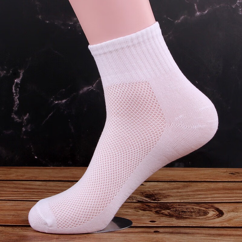 袜子男夏季薄款中筒袜透气网眼男士袜子纯白色长筒袜男袜 白色5双