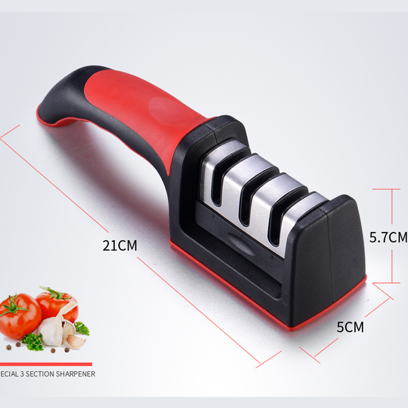 新款三段厨房磨刀器快速金刚石磨刀神器多功能菜刀磨刀石手持磨刀 普通（红+黑）金刚石刀头