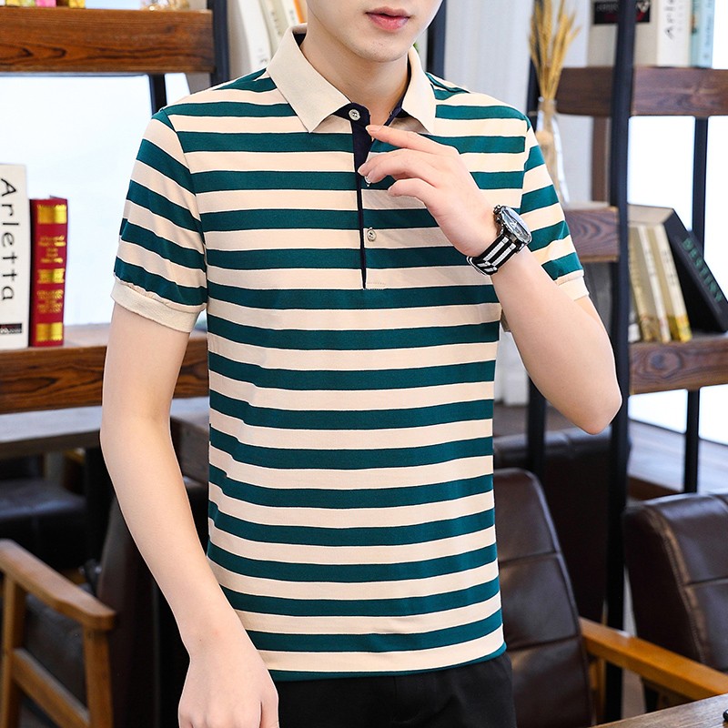 男士夏季短袖t恤韩版翻领刺绣条纹polo衫青年潮流半袖体恤衣服 绿色 XL