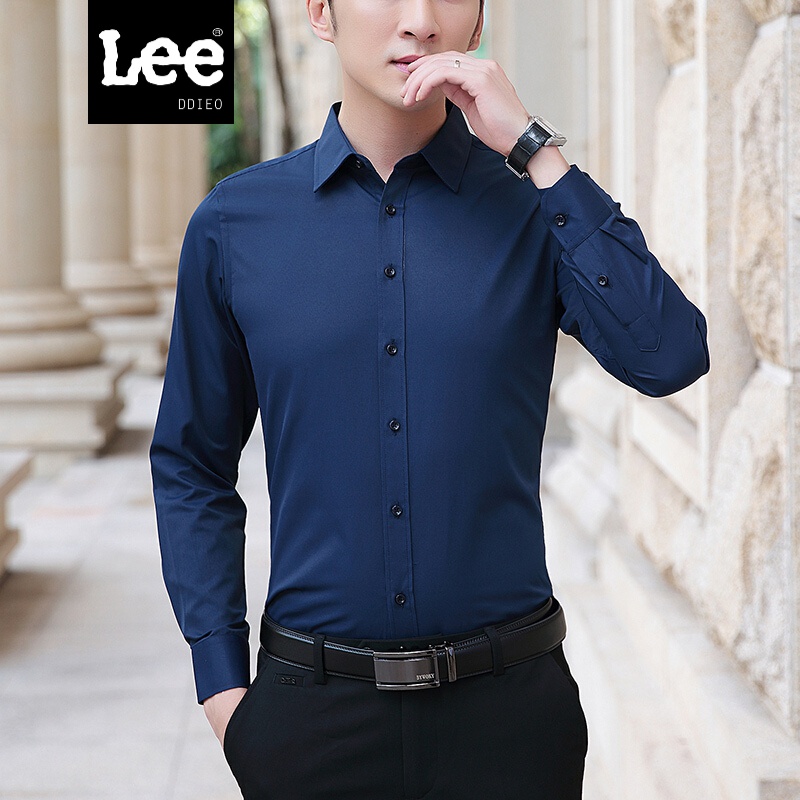 LEE DDIEO衬衫男长袖商务休闲百搭白衬衣韩版修身青年纯色寸衫 深蓝色 XL
