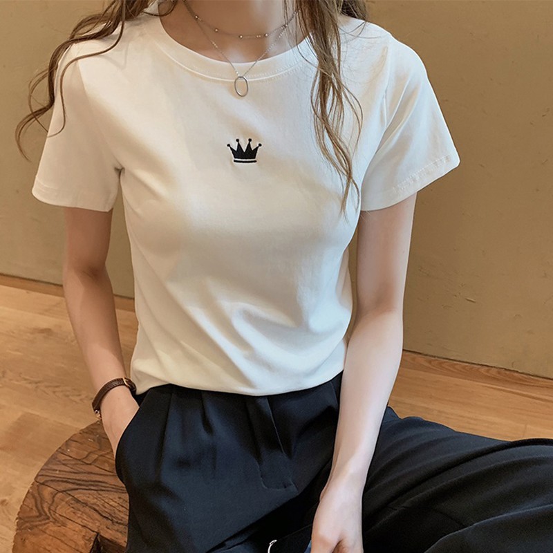 字母刺绣短袖T恤上衣2020夏季韩版时尚新款修身显瘦打底衫女装 2022皇冠白色 M建议80-92斤