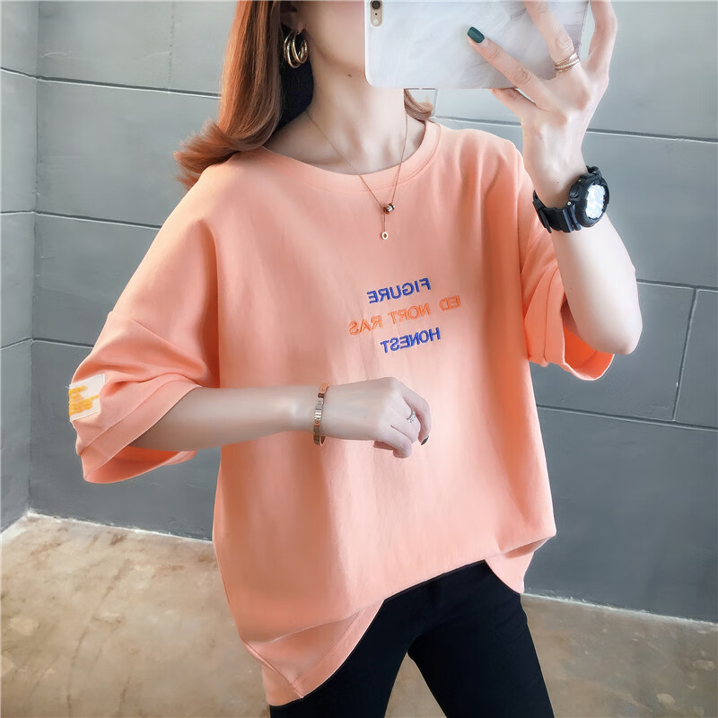 西普森 t恤女纯棉潮牌印花2020夏新款韩版学生宽松款短袖ins潮卷边袖刺绣上衣短袖T恤 珊瑚橙 XL