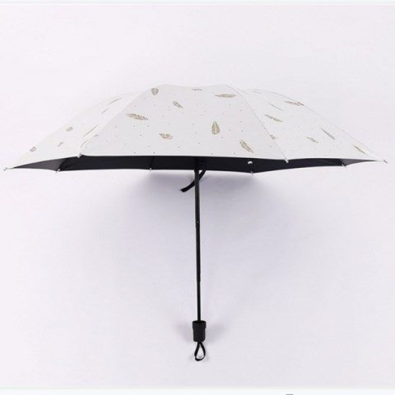 雨伞女十骨加大小清新晴雨两用太阳伞遮阳伞折叠黑胶防晒防紫外线 烫金羽毛 白色