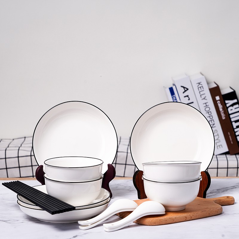 碗碟套装家用陶瓷吃饭盘子菜盘面碗汤碗大号碗筷餐具组合创意 欧式16头  黑线