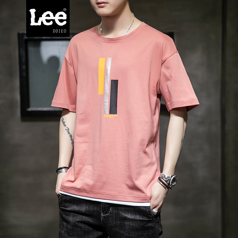 LEE DDIEO男士短袖T恤夏季新款2020韩版潮流体恤男装潮牌上衣服 浅玫红 L