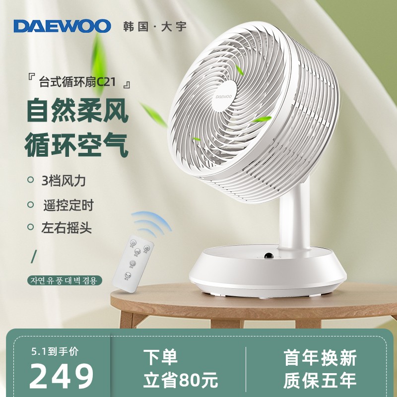 韩国大宇（DAEWOO）空气循环扇电风扇家用风扇多功能涡轮空调电扇办公室台式母婴台扇 新款循环扇遥控-C21