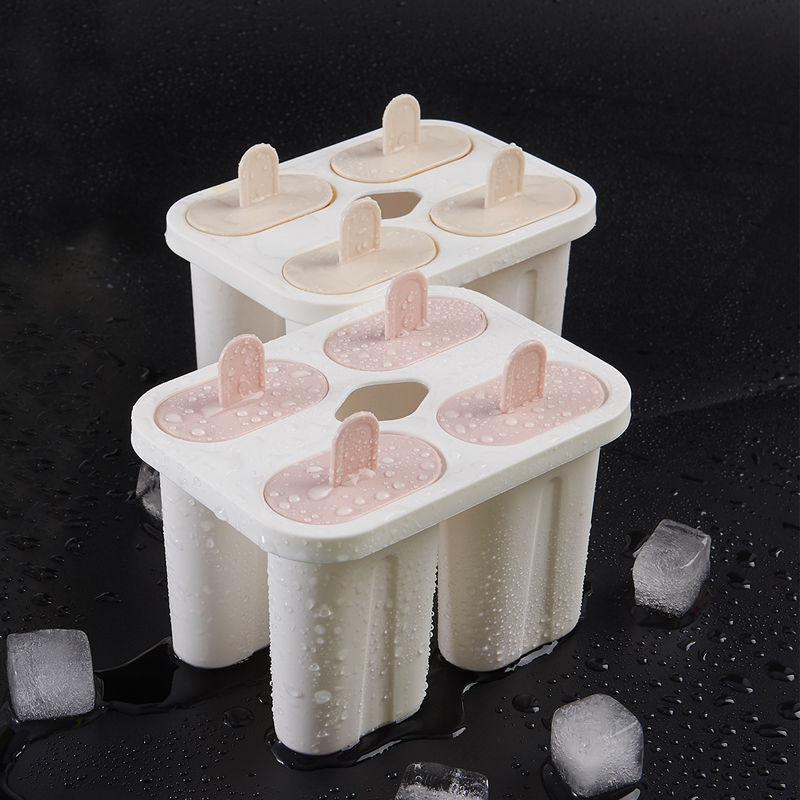 冰棒模具 雪糕模具家用冰棍冰棒冰淇淋冻冰块盒硅胶冰格带盖自制冰盒速冻器t 粉4格+米4格冰模