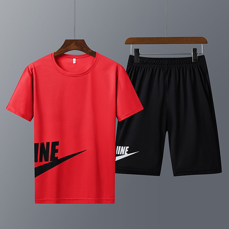 夏季短袖运动套装男2020年新款冰丝透气两件套潮牌弹力速干短袖T恤男修身网眼搭配一套 红色 5XL 185-200斤