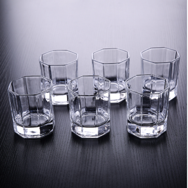 家用玻璃水杯套装玻璃杯果汁杯牛奶杯啤酒杯扎啤杯洋酒杯威士忌杯 6只矮八角(180ML)