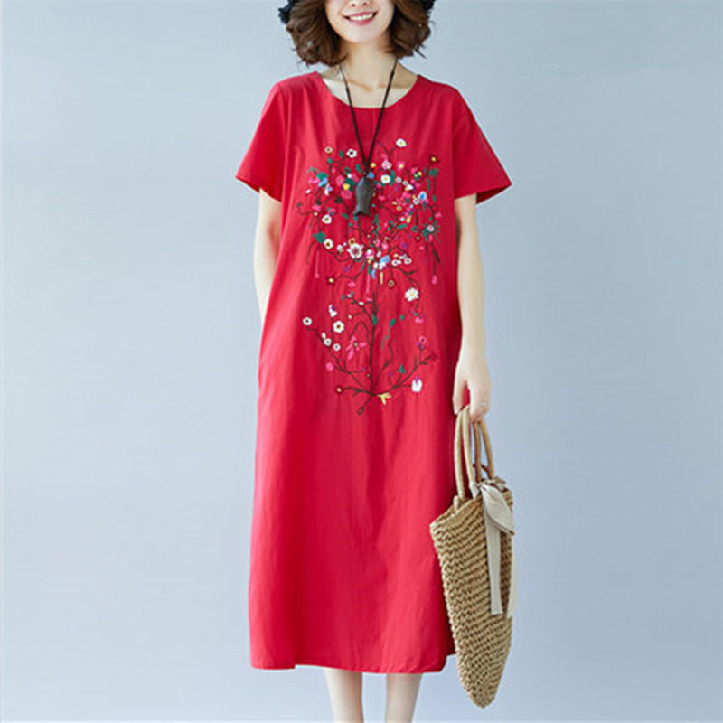 大码女装中长款连衣裙2020新款复古宽松显瘦民族风遮肚裙子 红色 XL