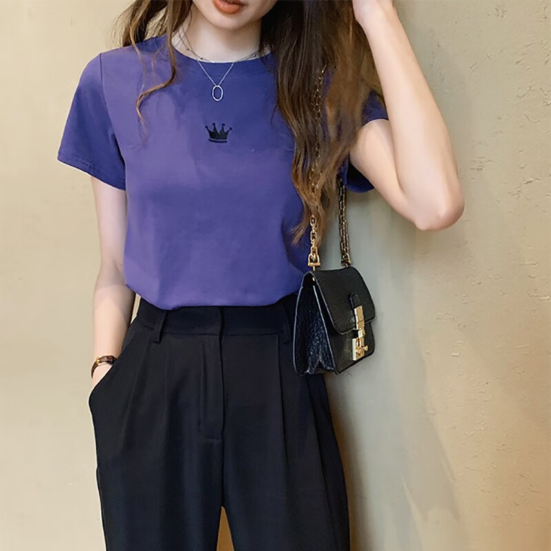 字母刺绣短袖T恤上衣2020夏季韩版时尚新款修身显瘦打底衫女装 2022皇冠紫色 2XL建议119-132斤