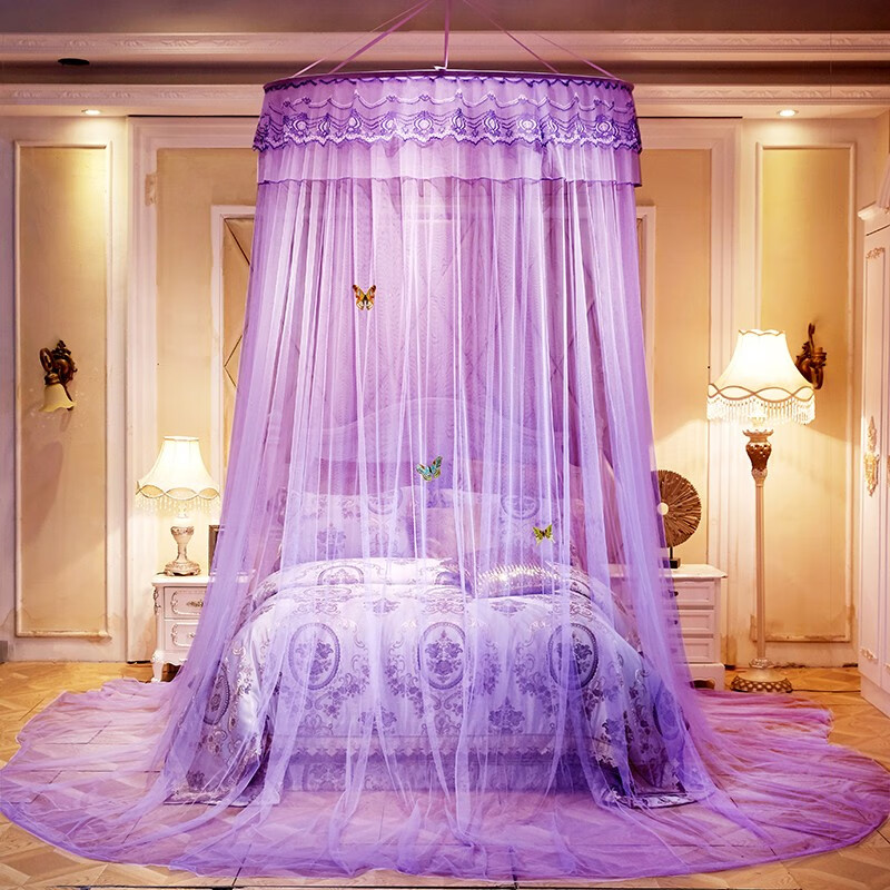 妲韵家纺 蚊帐1.5米大圆吊顶免安装帐子 加密帐纱纹帐 0.9-2.0m床通用 xn-紫 1.8米床