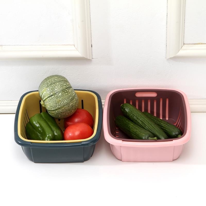 双层洗菜篮沥水篮冰箱保鲜盒客厅厨房创意多功能家用洗菜篮子水果篮 单个装 粉红色