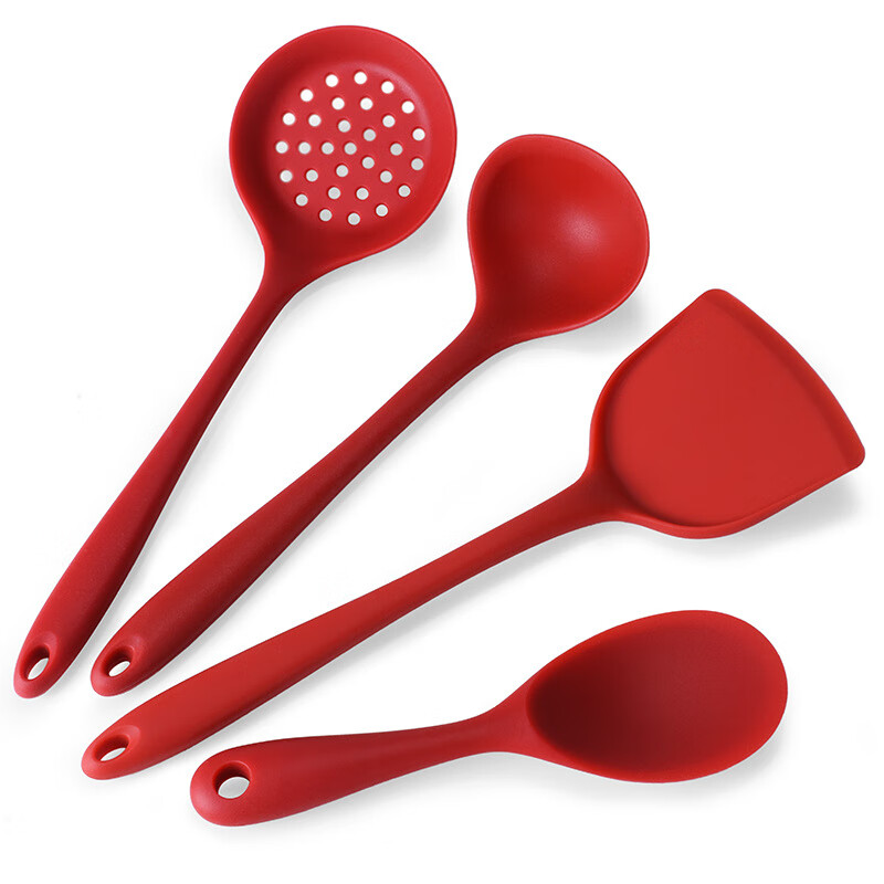 厨房工具硅胶厨具4件套烹饪勺铲不粘锅铲勺套装厨房用具 无桶款，红色