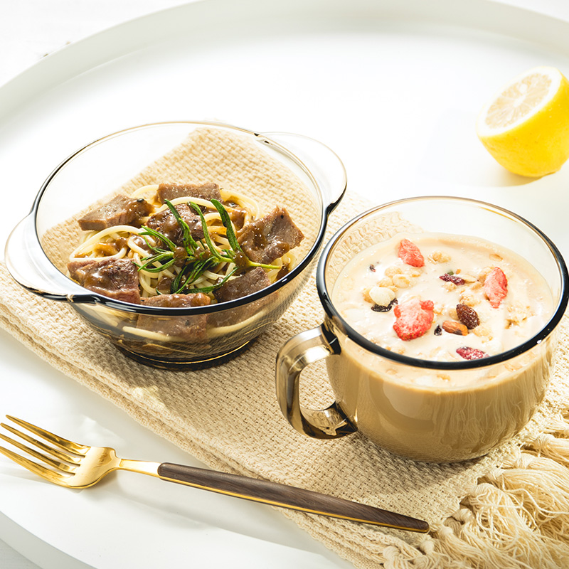 2件套茶色玻璃碗米饭碗双耳沙拉碗麦片碗甜品碗家用耐热玻璃 2只早餐杯